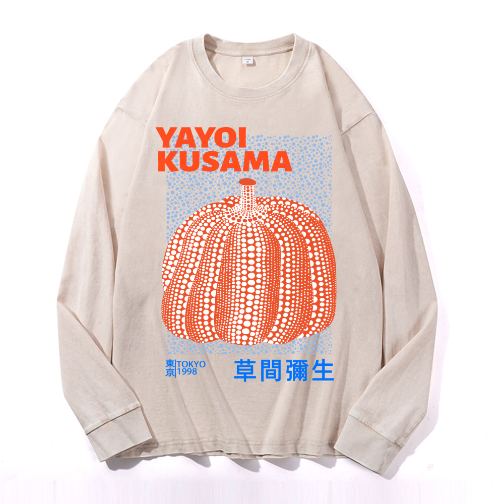 Yayoi Kusama Pumpkin Vintage Cotton Wash Crewneck Long-Sleeve T-Shirt