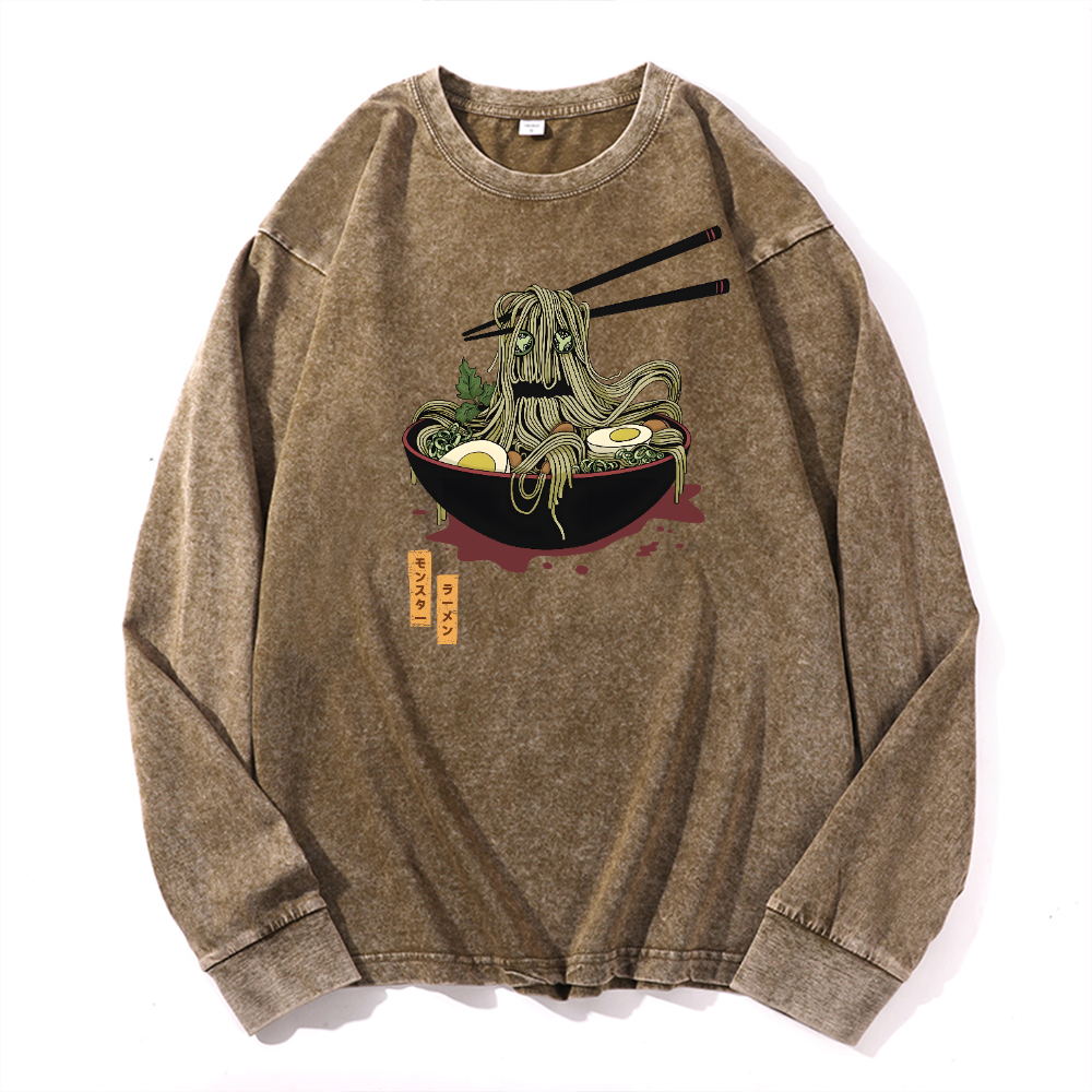 Ramen Monster Vintage Cotton Wash Crewneck Long-Sleeve T-Shirt