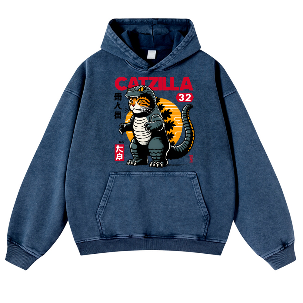 Catzilla Cat Kaiju Vintage Washed Thick Cotton Hoodie
