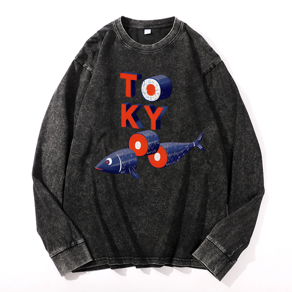 Tokyo Fish Vintage Cotton Wash Crewneck Long-Sleeve T-Shirt