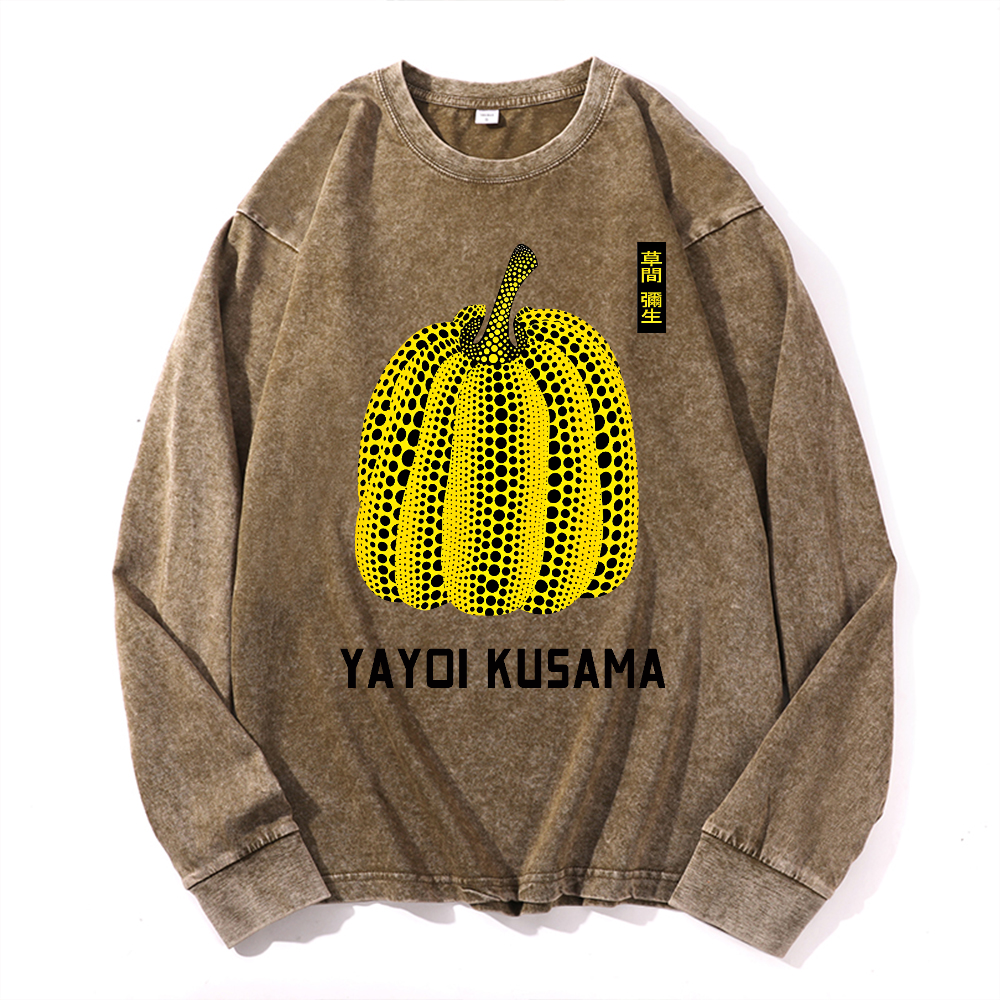 Yayoi Kusama Pumpkin Vintage Cotton Wash Crewneck Long-Sleeve T-Shirt