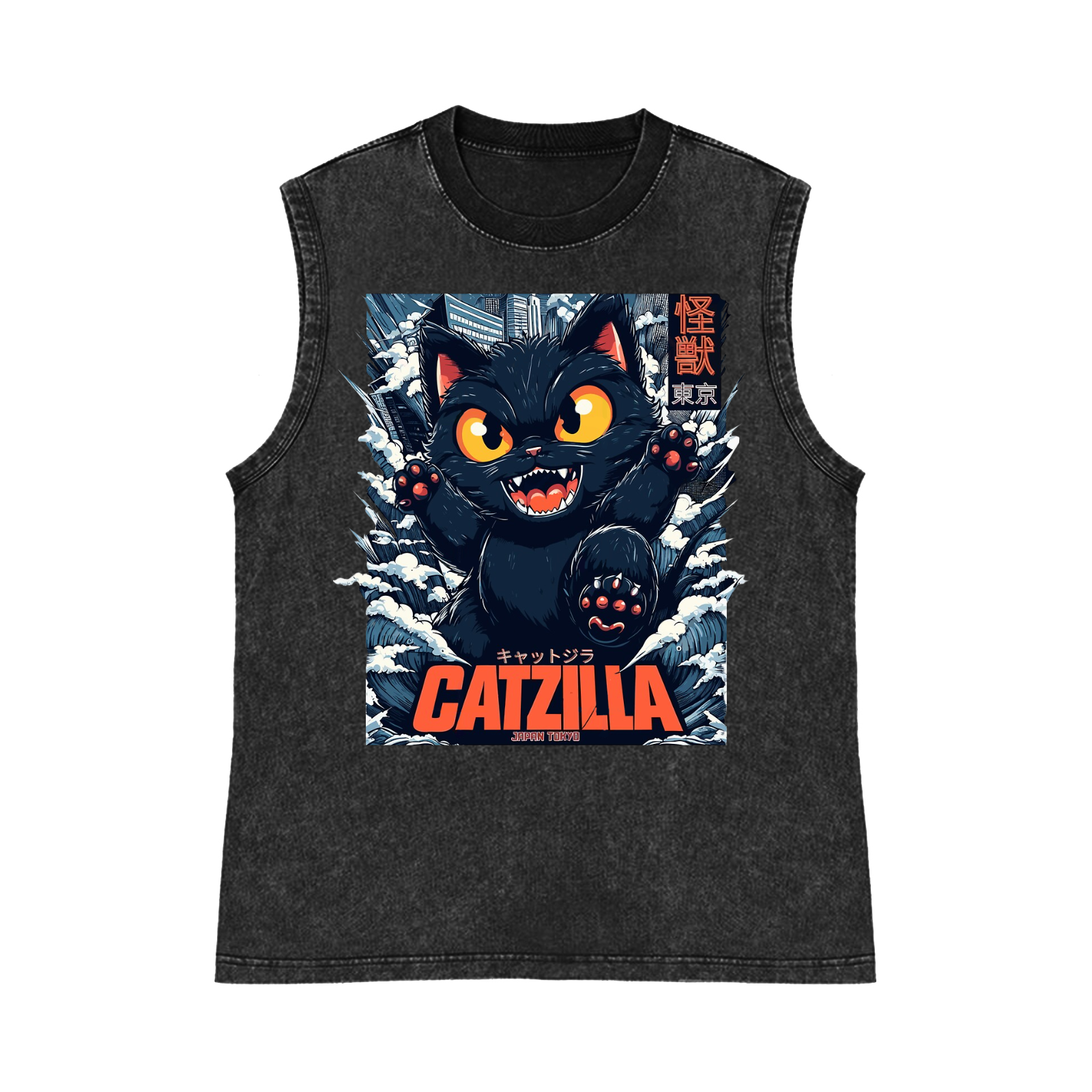 Catzilla Cat Kaiju Pure Cotton Wash-Dyed Sleeveless Tank Top