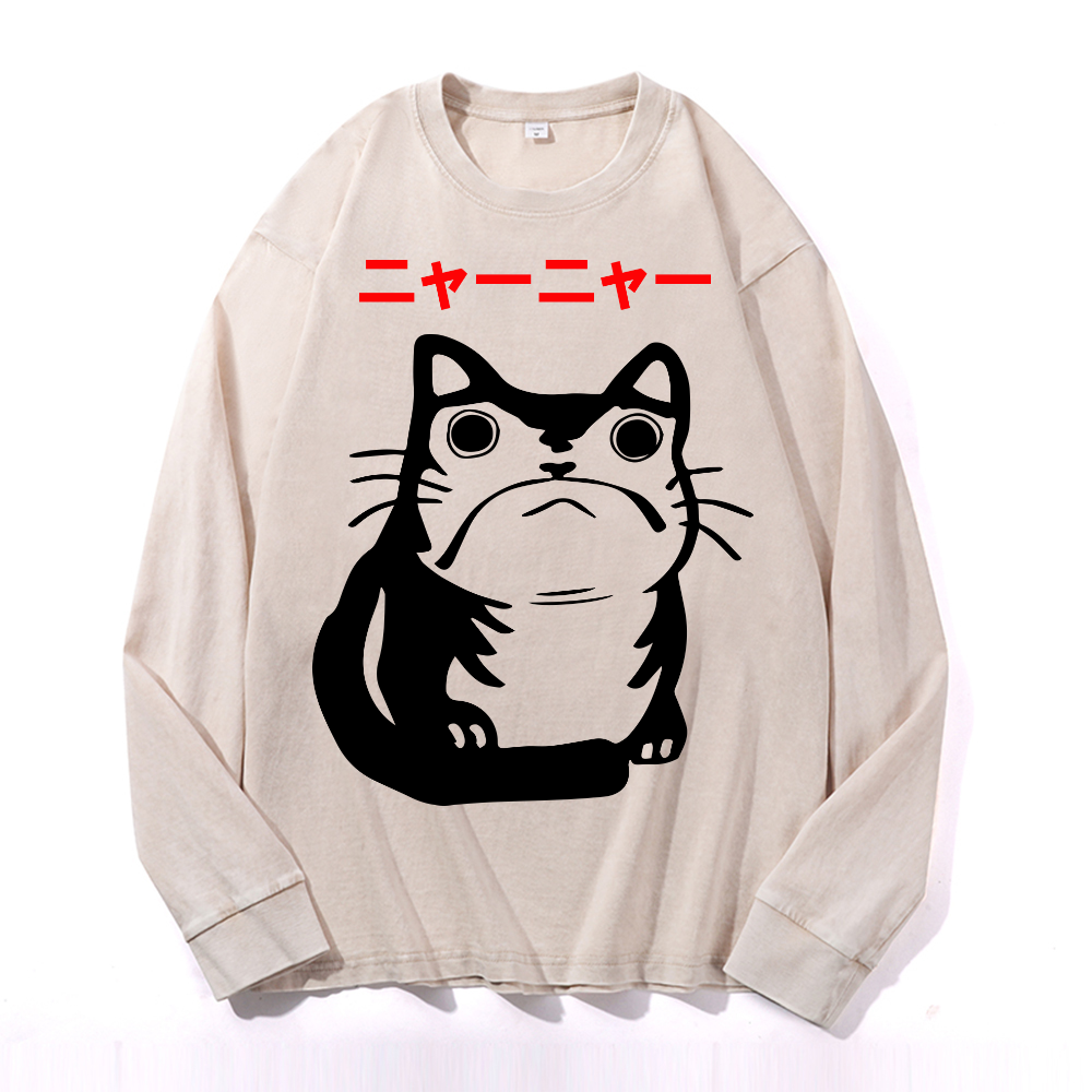 Cat Frog Vintage Cotton Wash Crewneck Long-Sleeve T-Shirt
