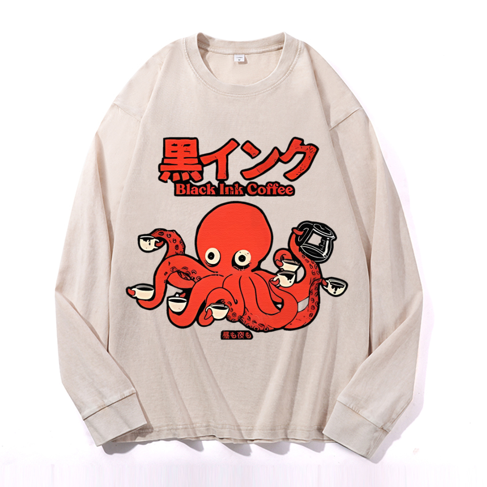 Octopus Coffee Vintage Cotton Wash Crewneck Long-Sleeve T-Shirt