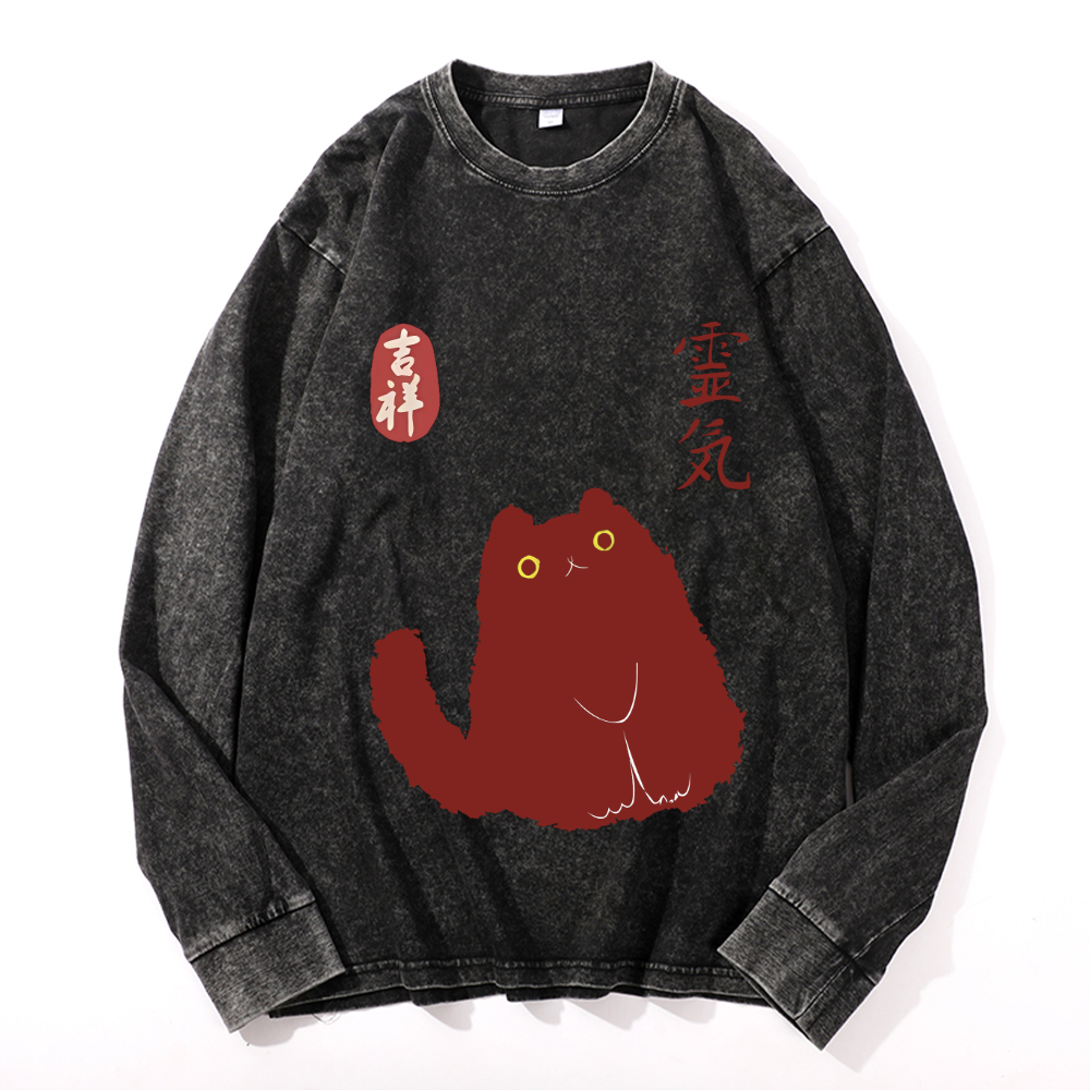 Lucky Black Cat Vintage Cotton Wash Crewneck Long-Sleeve T-Shirt