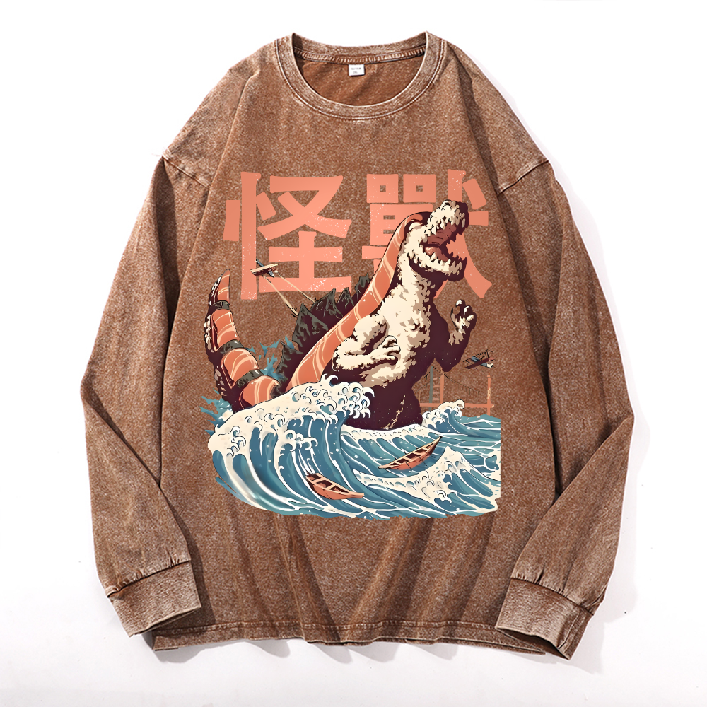 Kaiju Sushi Monster Wave Vintage Cotton Wash Crewneck Long-Sleeve T-Shirt