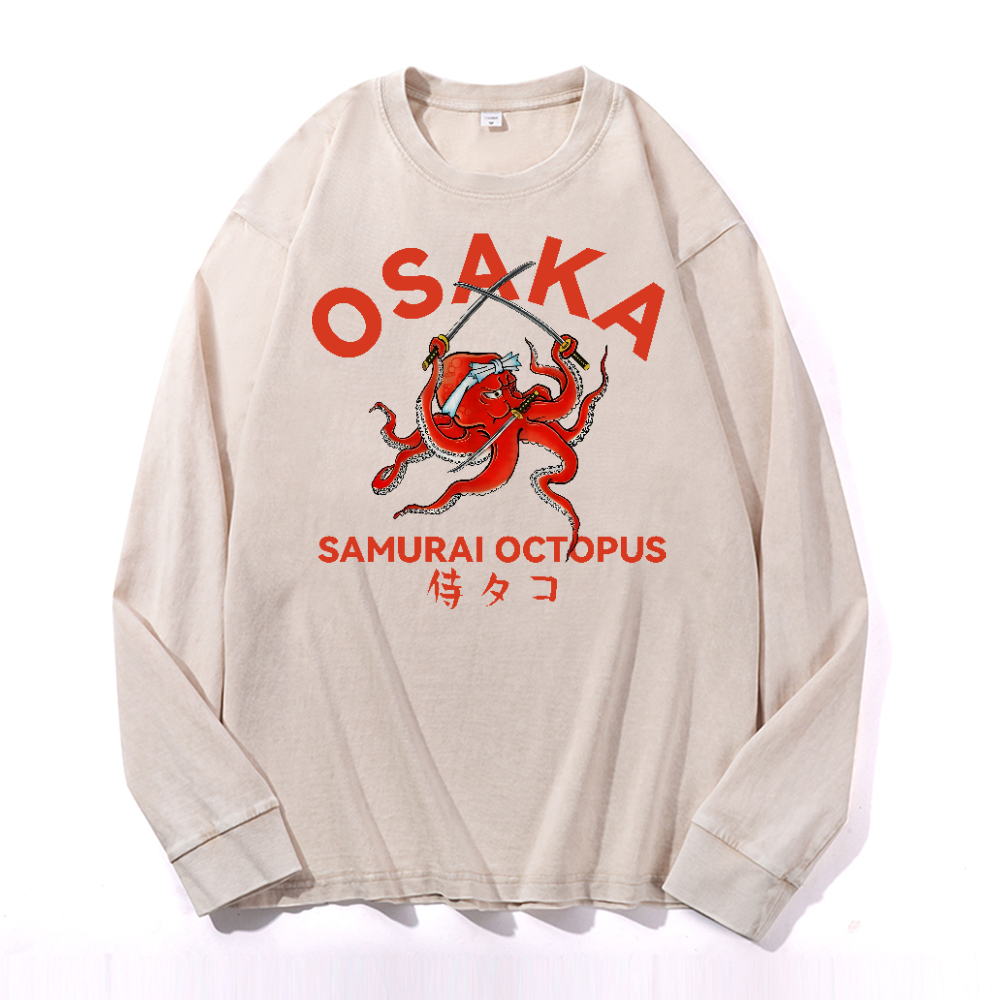 Samurai Octopus Vintage Cotton Wash Long-sleeve T-shirt