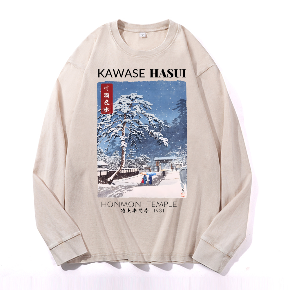 Honmon Temple Vintage Cotton Wash Crewneck Long-Sleeve T-Shirt