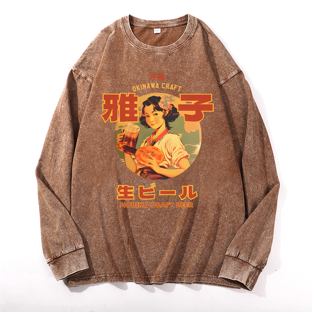 Okinawa Noriko Draft Beer Vintage Cotton Wash Long-sleeve T-shirt