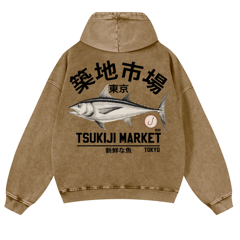 Tsukiji Fish Market Vintage Washed Cotton Back Art Hoodie