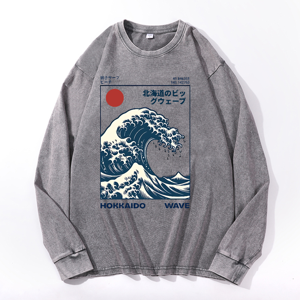 Hokkaido Wave Ukiyoe Vintage Cotton Wash Crewneck Long-Sleeve T-Shirt
