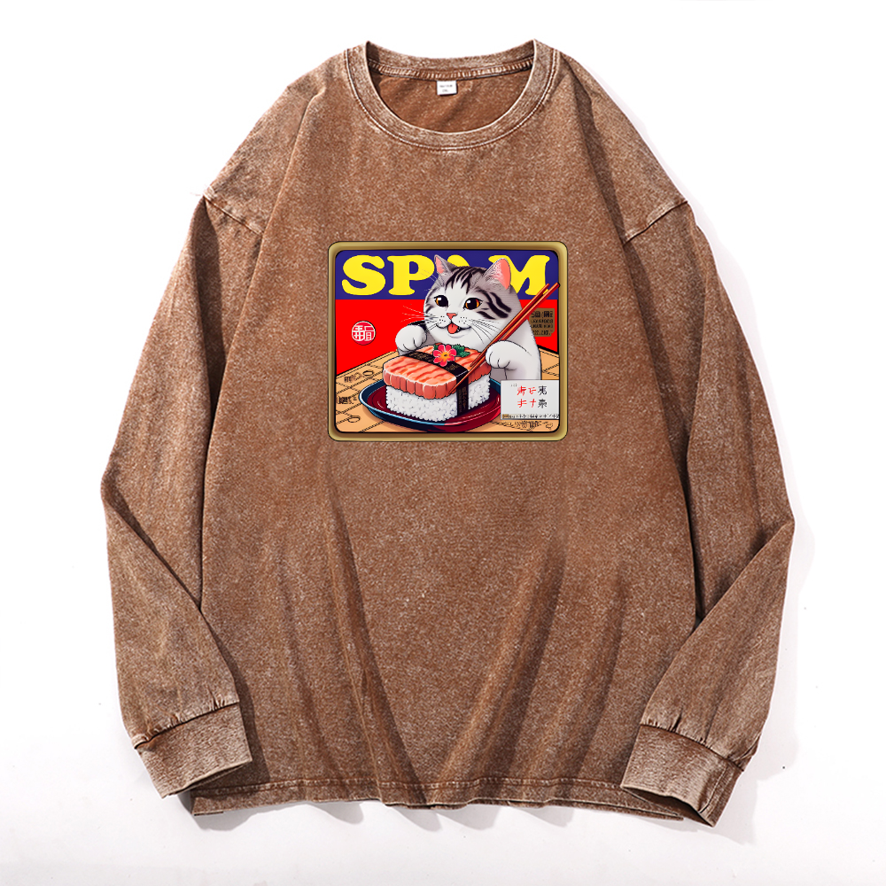 Spam Cat Vintage Cotton Wash Crewneck Long-Sleeve T-Shirt