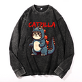 Catzilla Cat Kaiju Vintage Cotton Wash Crewneck Long-Sleeve T-Shirt