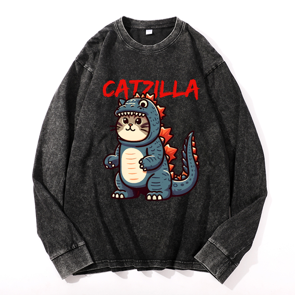 Catzilla Cat Kaiju Vintage Cotton Wash Crewneck Long-Sleeve T-Shirt