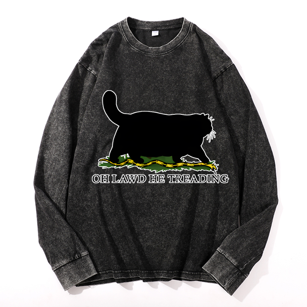 Black Cat Vintage Cotton Wash Crewneck Long-Sleeve T-Shirt