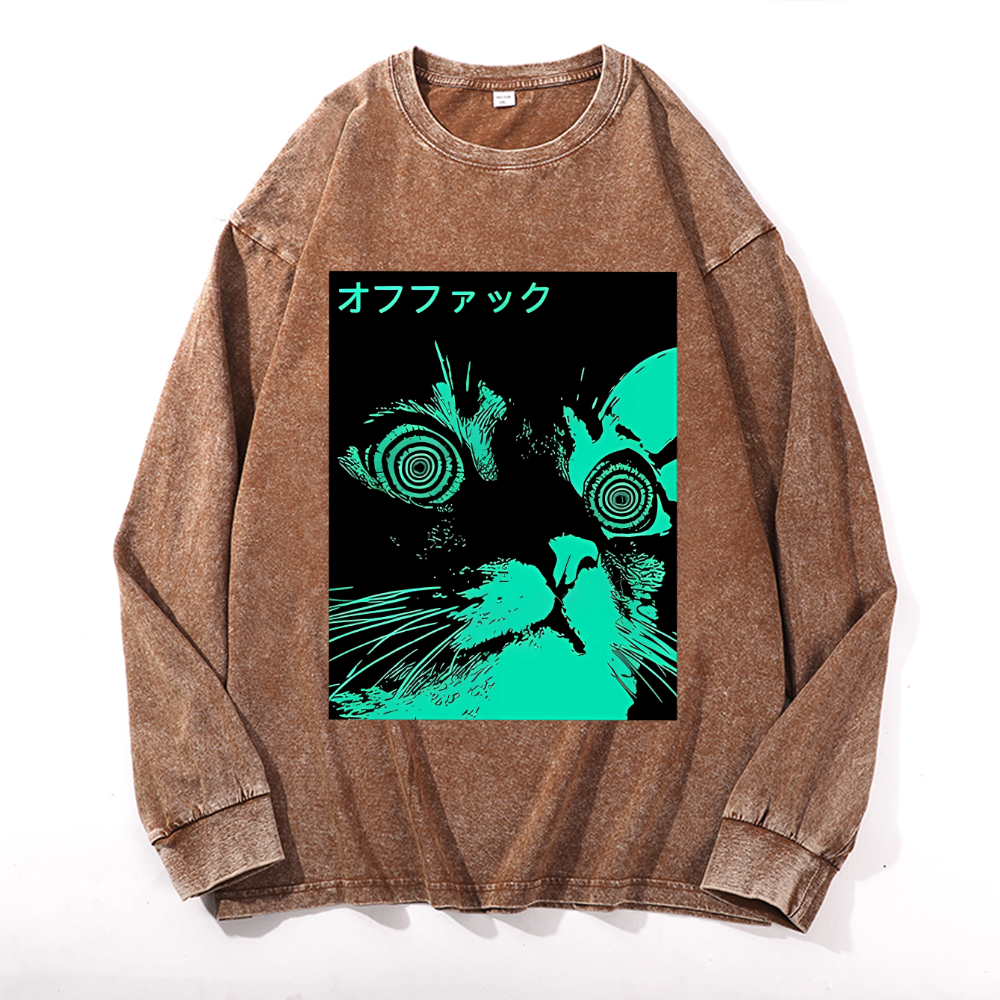Enigmatic Cat Eyes Vintage Cotton Wash Crewneck Long-Sleeve T-Shirt