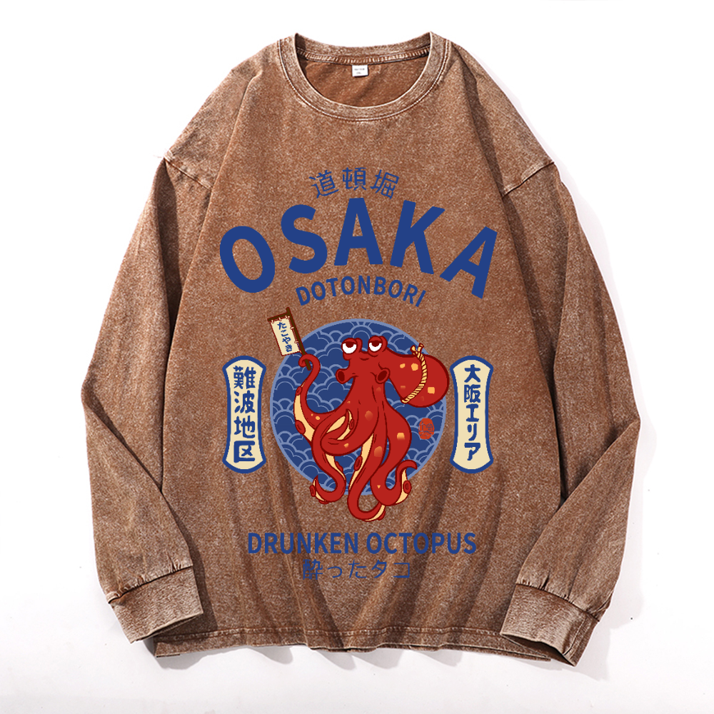 Osaka Dotonbori Drunken Octopus Vintage Cotton Wash Crewneck Long-Sleeve T-Shirt