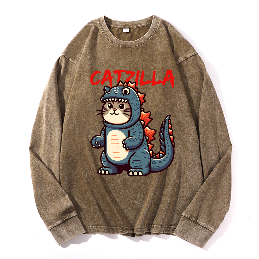Catzilla Cat Kaiju Vintage Cotton Wash Crewneck Long-Sleeve T-Shirt