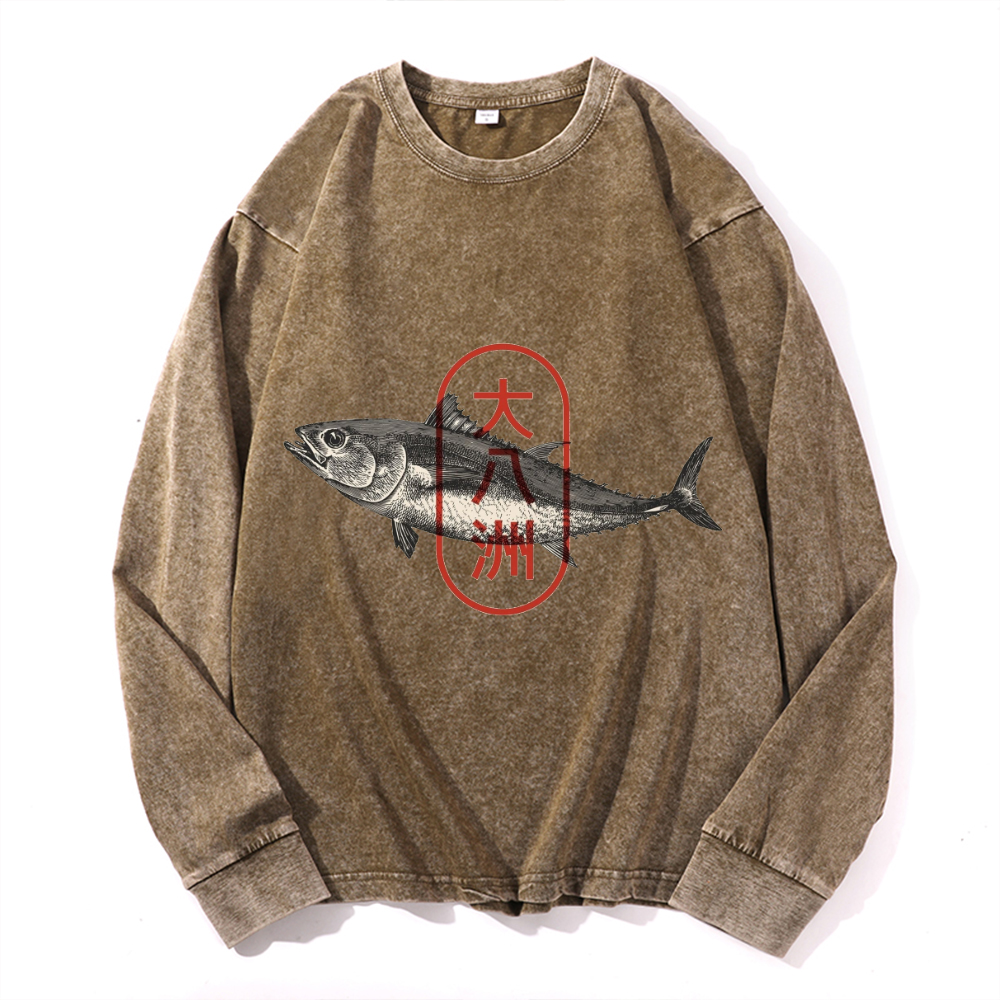 Great Eight Islands of Japan Vintage Cotton Wash Crewneck Long-Sleeve T-Shirt
