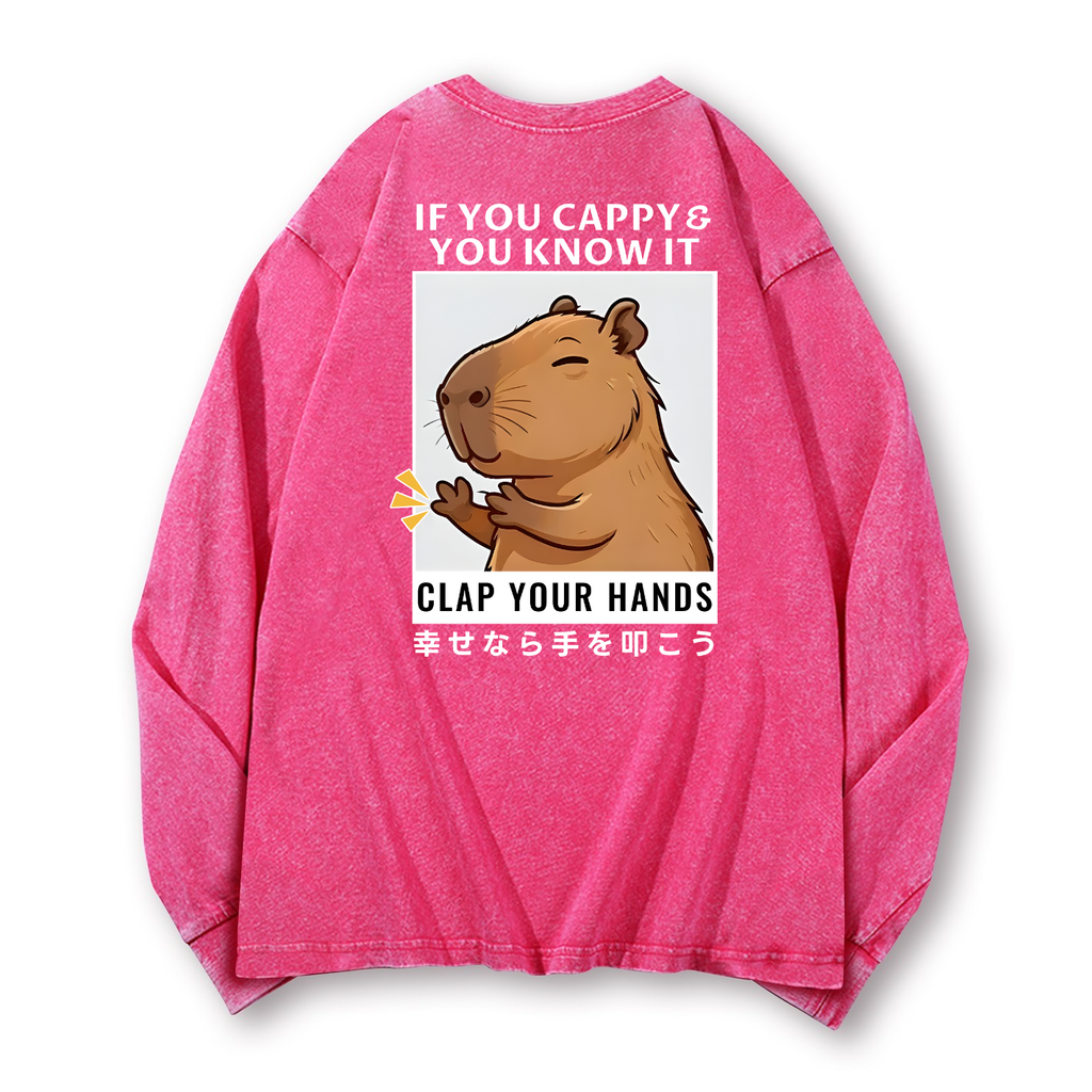Capybara Vintage Washed Cotton Back Art Long-sleeve T-shirt