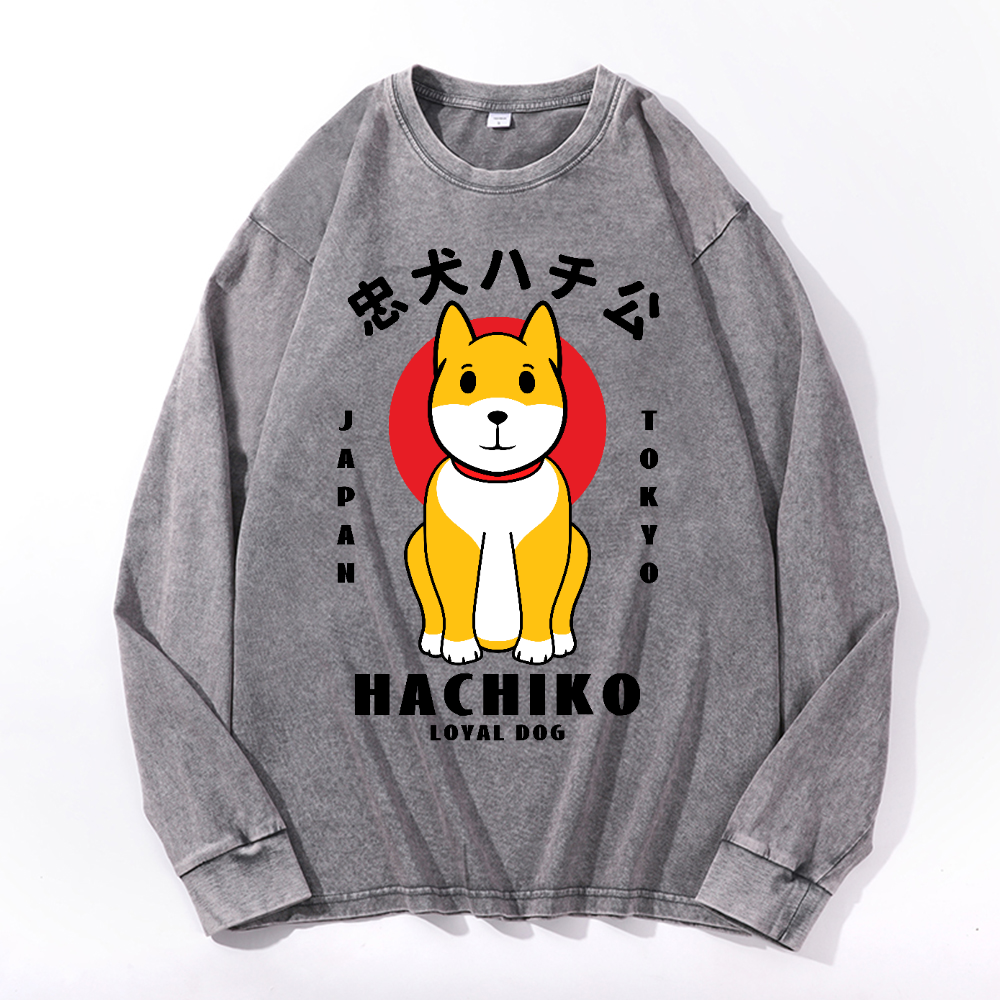 Hachiko Vintage Cotton Wash Crewneck Long-Sleeve T-Shirt