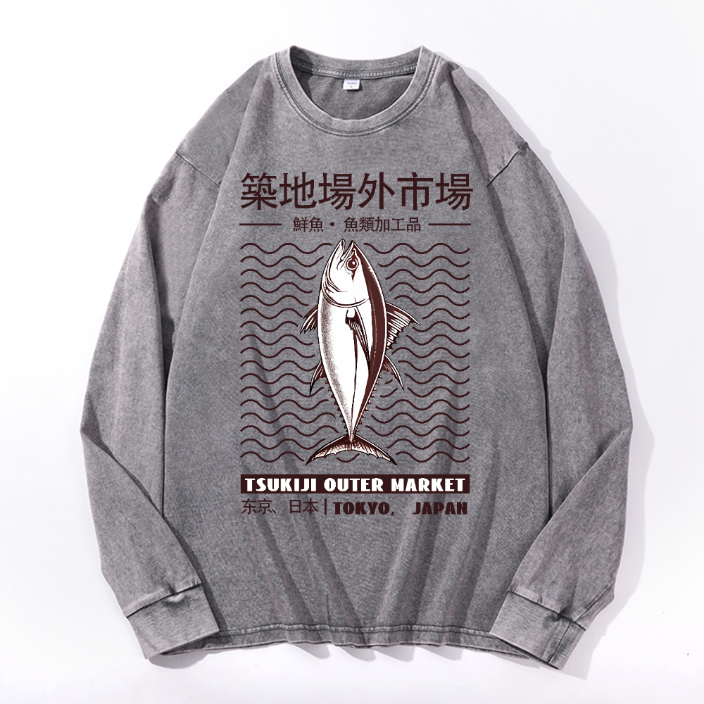 Tsukiji Market Vintage Cotton Wash Crewneck Long-Sleeve T-Shirt