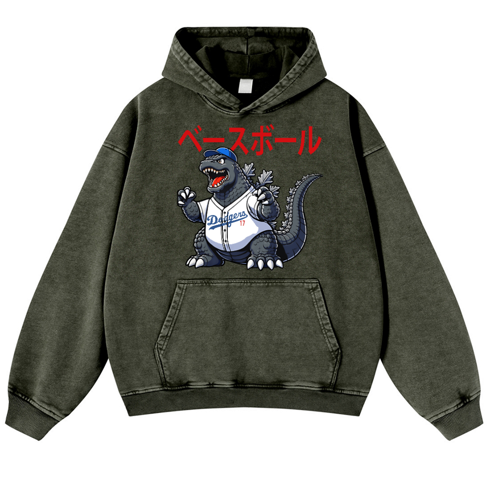 Dodgers Kaiju 17  Baseball Vintage Washed Thick Cotton Hoodie