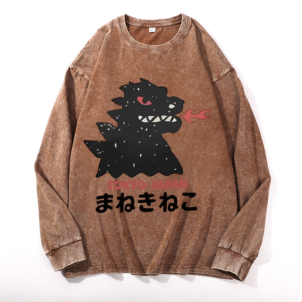 Kaiju Vintage Cotton Wash Crewneck Long-Sleeve T-Shirt