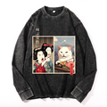 Women Yelling Cat Vintage Cotton Wash Crewneck Long-Sleeve T-Shirt