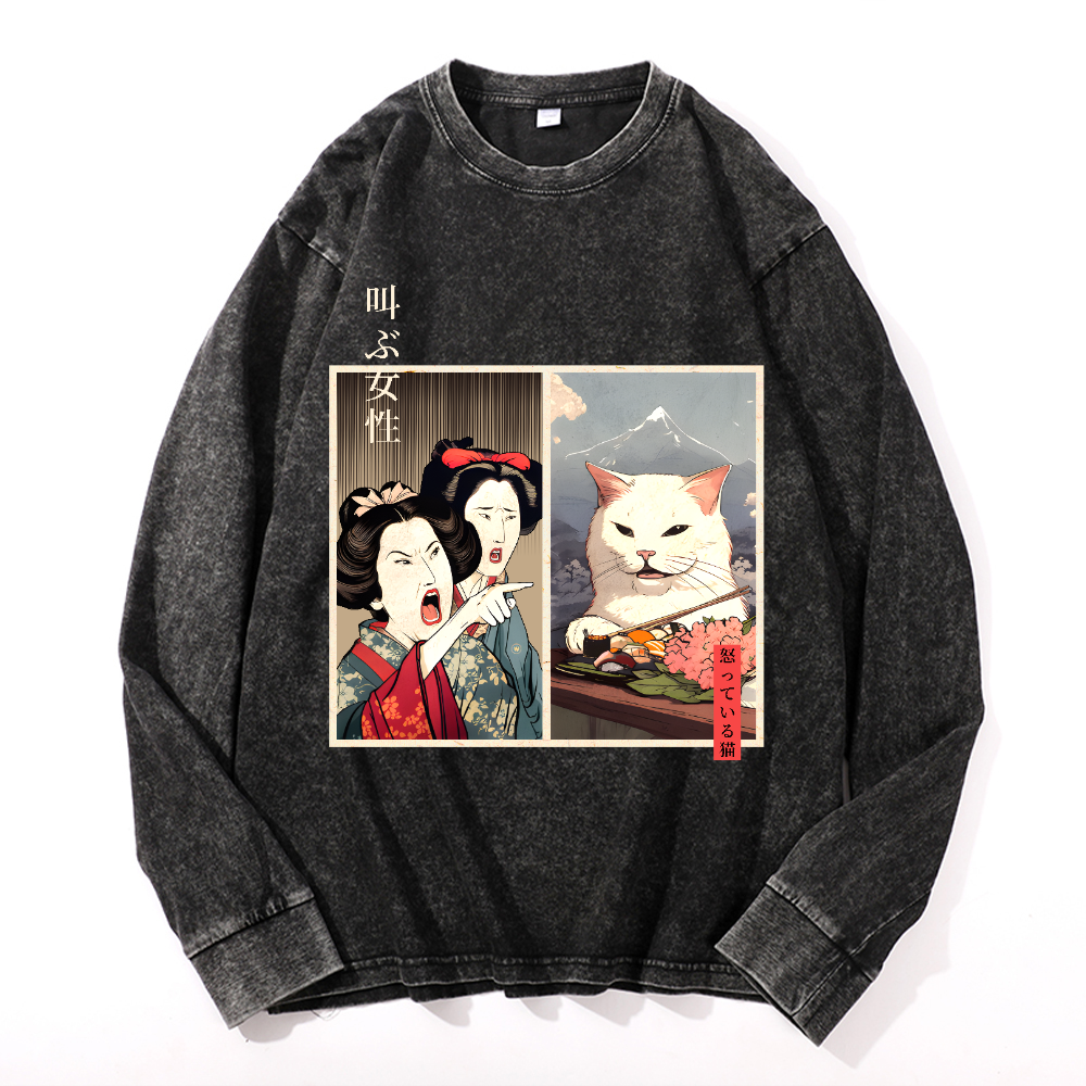Women Yelling Cat Vintage Cotton Wash Crewneck Long-Sleeve T-Shirt