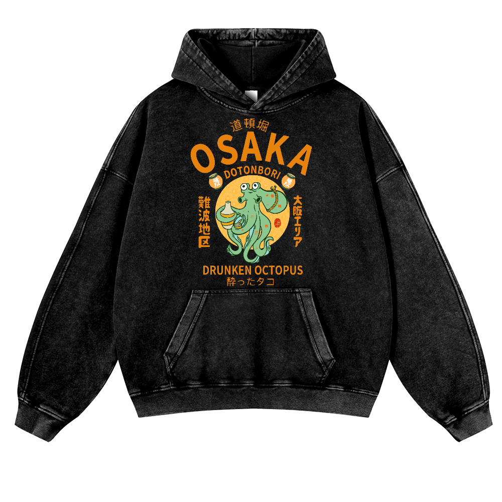 Osaka Dotonbori Drunken Octopus Vintage Washed Thick Cotton Hoodie