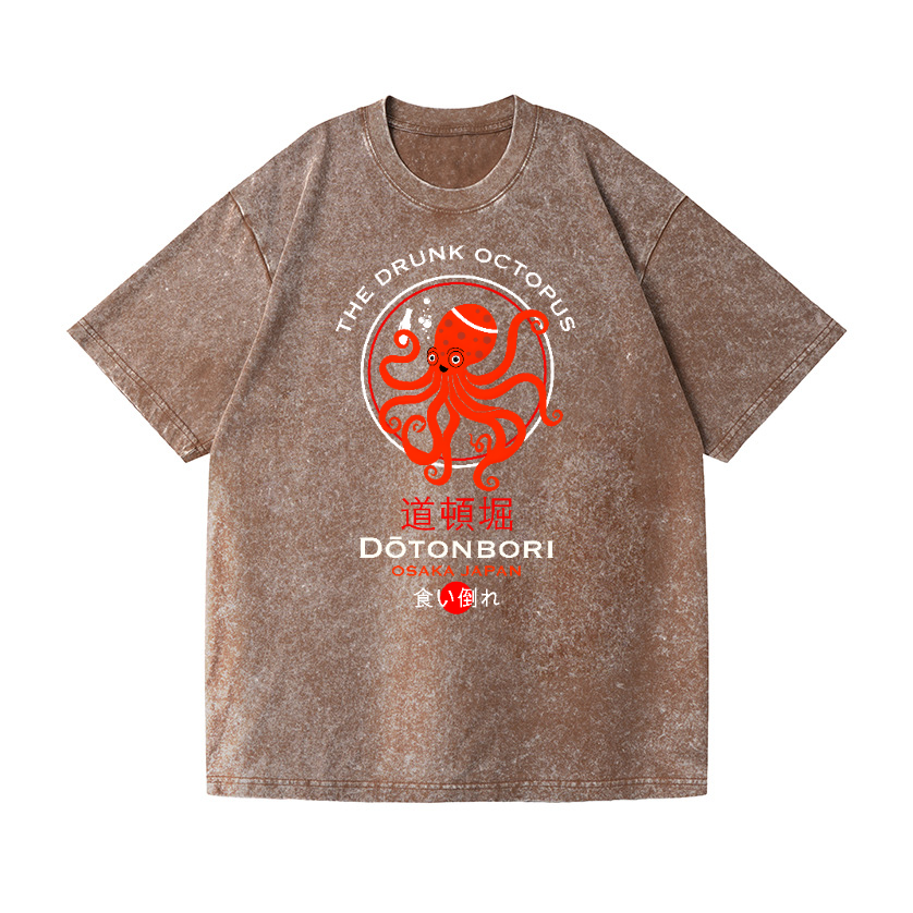 The Drunk Octopus Dotonbori Osaka Japan Vintage Wash Japanese Design T-Shirt
