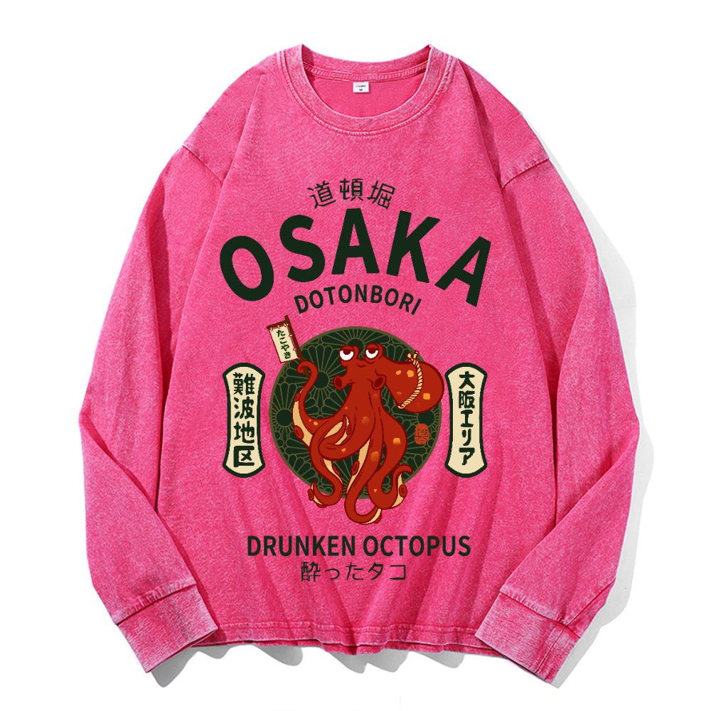 Osaka Dotonbori Drunken Octopus Vintage Cotton Wash Crewneck Long-Sleeve T-Shirt