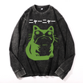 Cat Frog Vintage Cotton Wash Crewneck Long-Sleeve T-Shirt