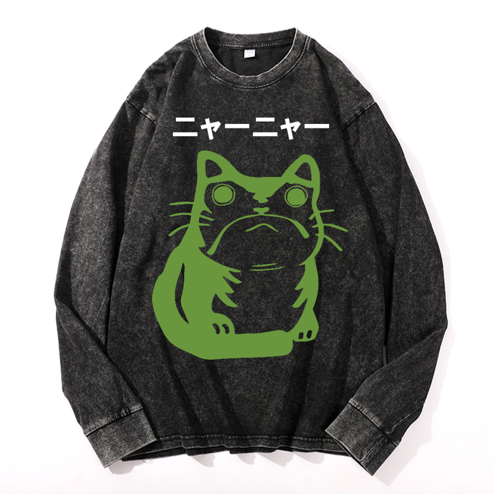 Cat Frog Vintage Cotton Wash Crewneck Long-Sleeve T-Shirt