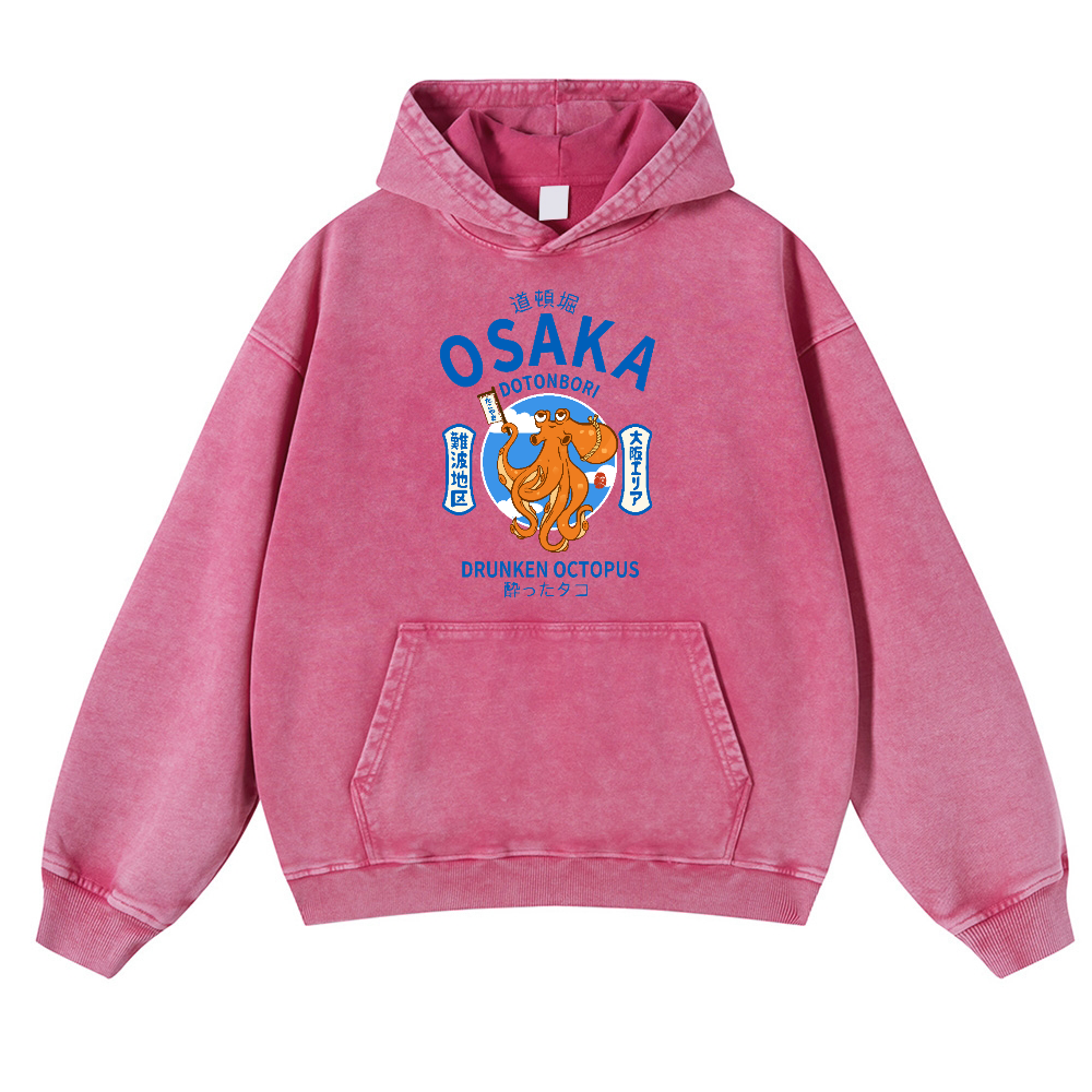 Osaka Dotonbori Drunken Octopus Vintage Washed Thick Cotton Hoodie