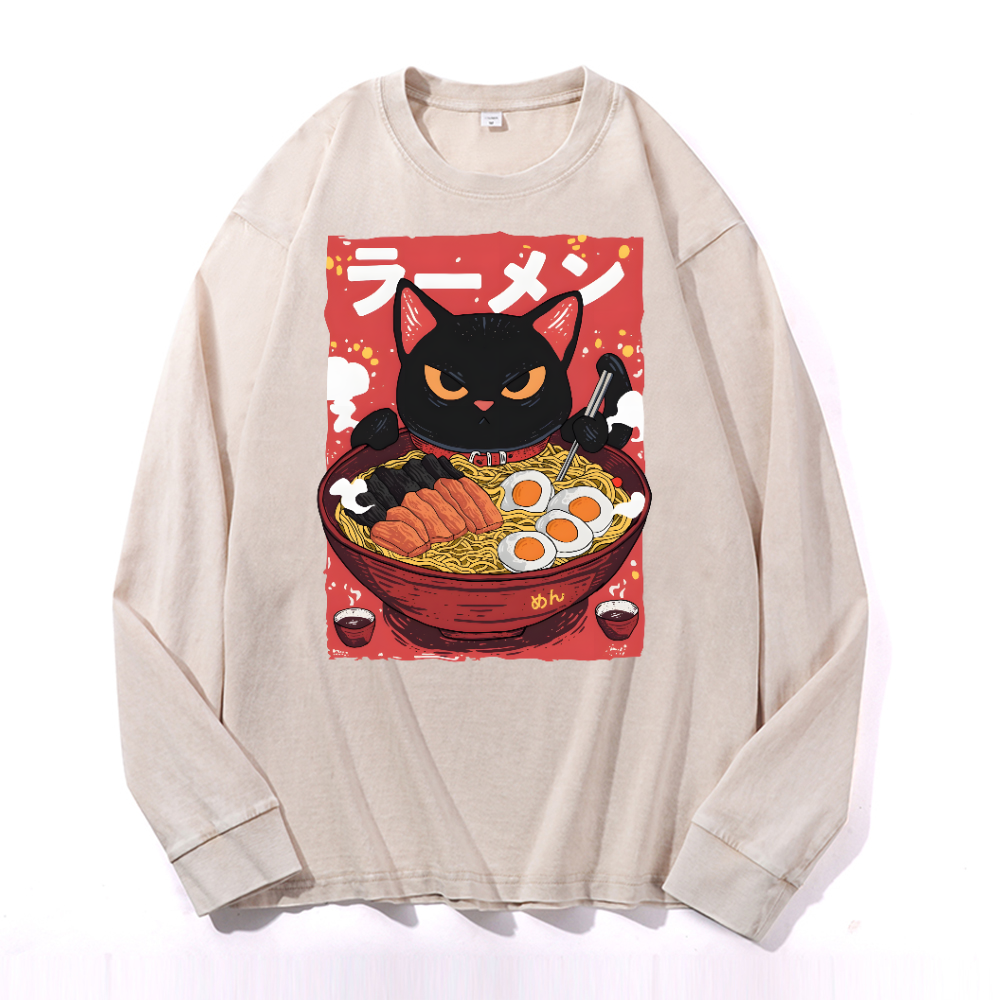 Ramen Black Cat Vintage Cotton Wash Crewneck Long-Sleeve T-Shirt