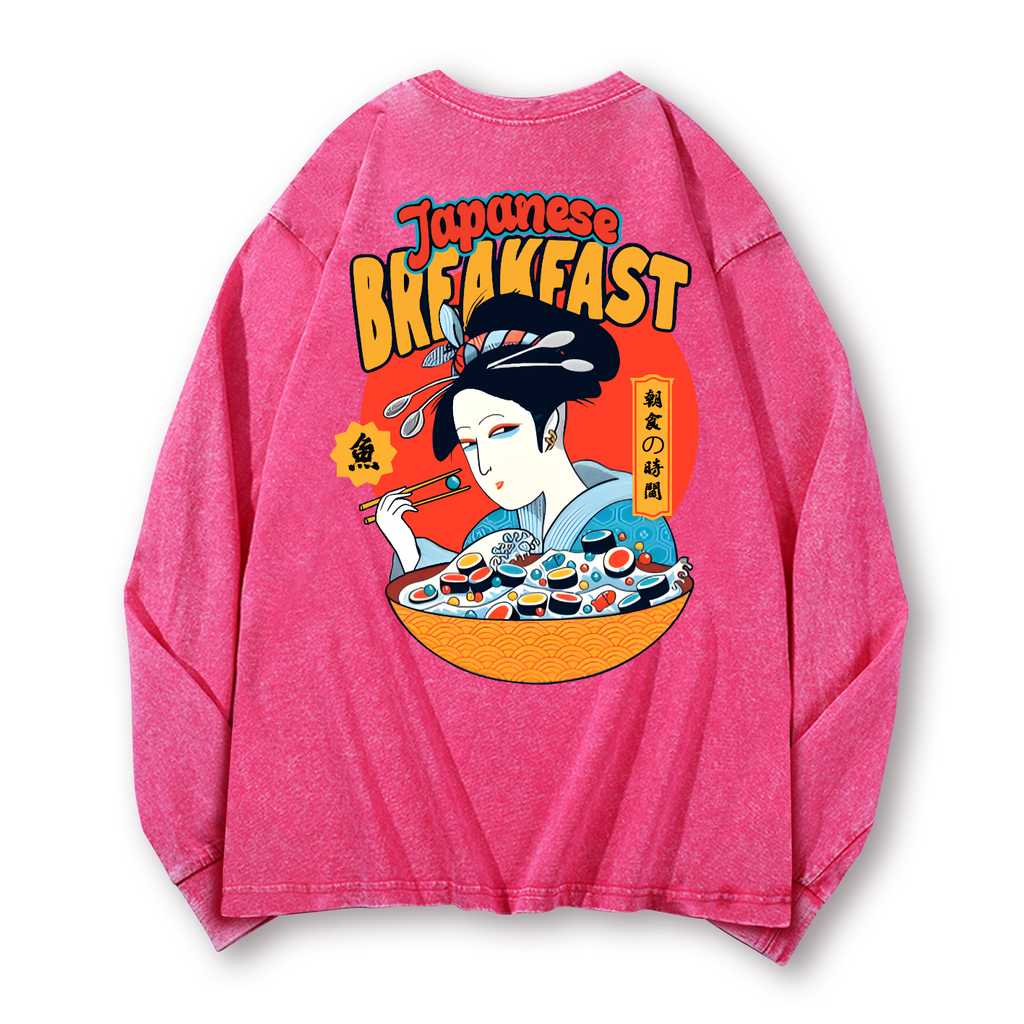 Geisha Fish Sushi Vintage Washed Cotton Back Art Long-sleeve T-shirt