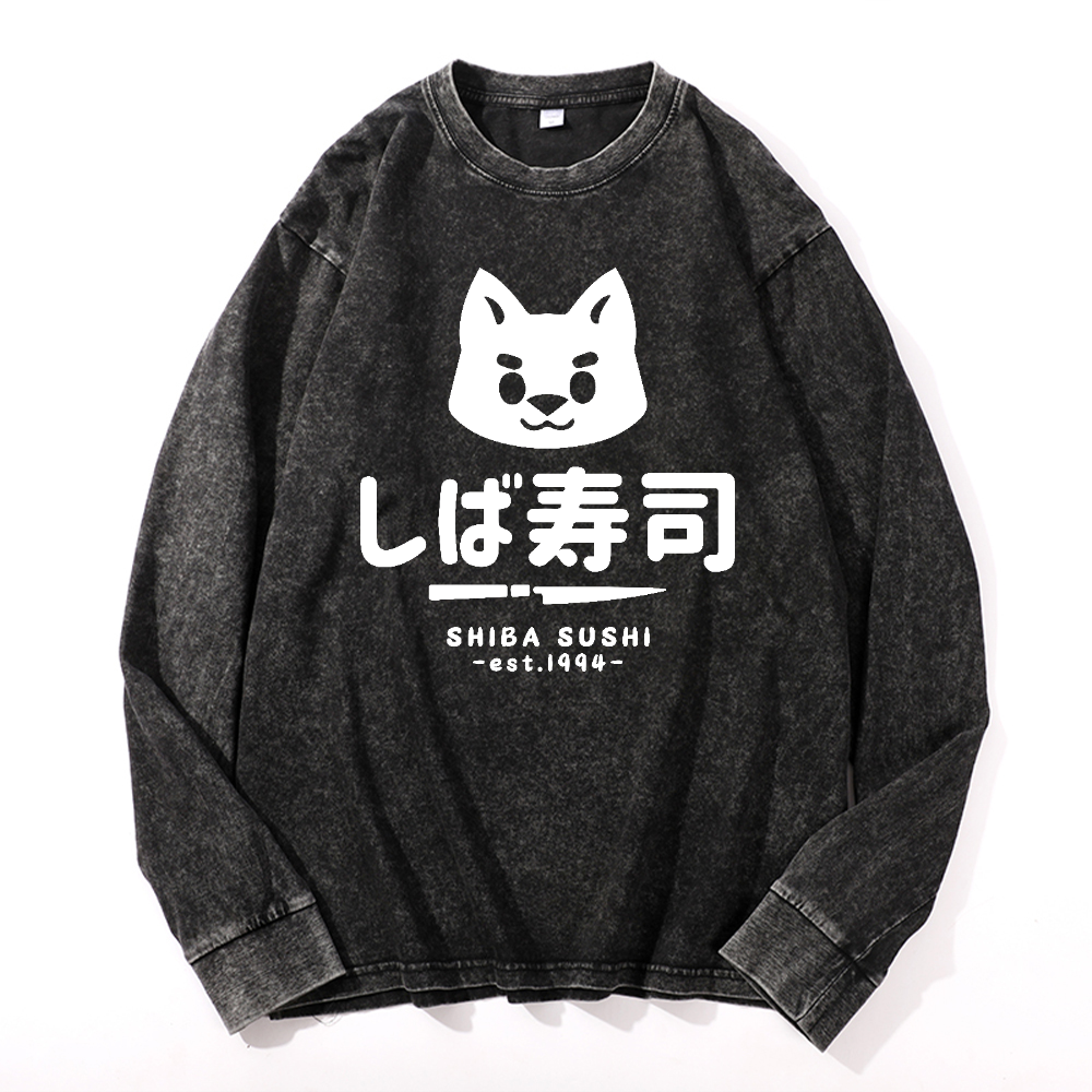 Shiba Sushi Vintage Cotton Wash Crewneck Long-Sleeve T-Shirt