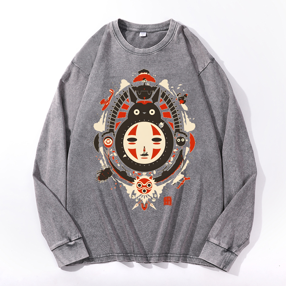 Ghibli Totoro No Face Kaonashi Vintage Cotton Wash Long-sleeve T-shirt