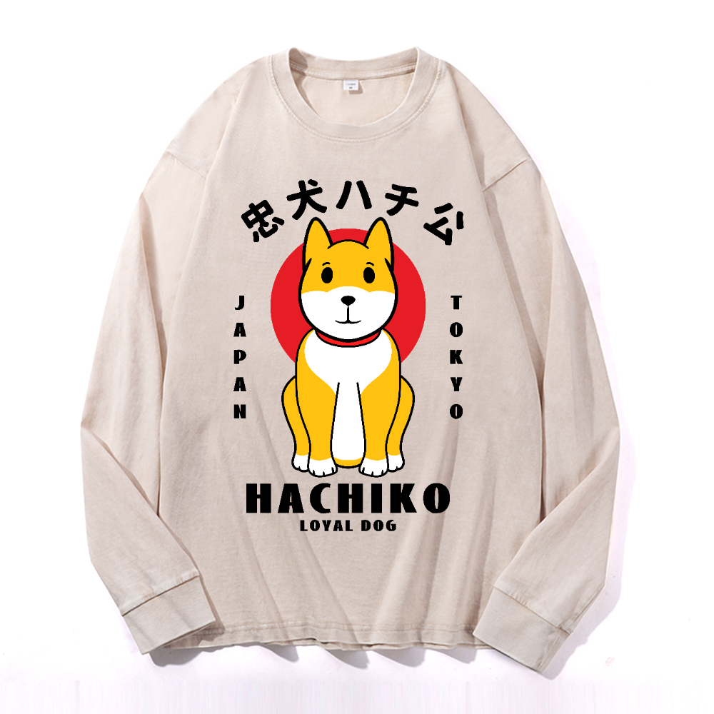 Hachiko Vintage Cotton Wash Crewneck Long-Sleeve T-Shirt