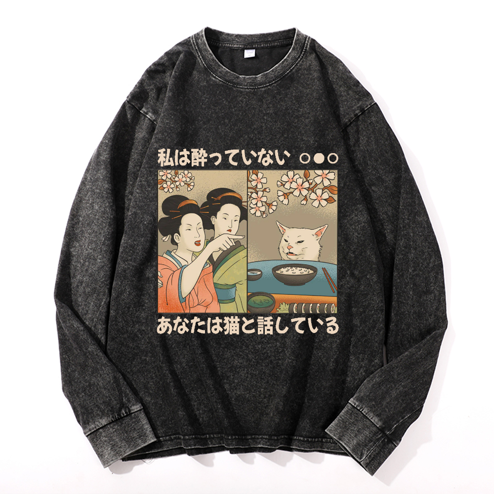 Woman Yelling Cat Vintage Cotton Wash Crewneck Long-Sleeve T-Shirt