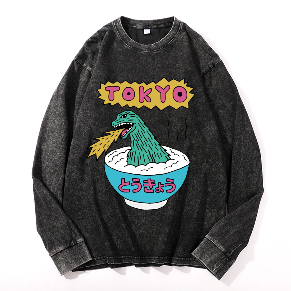 Kaiju Tokyo Vintage Cotton Wash Crewneck Long-Sleeve T-Shirt