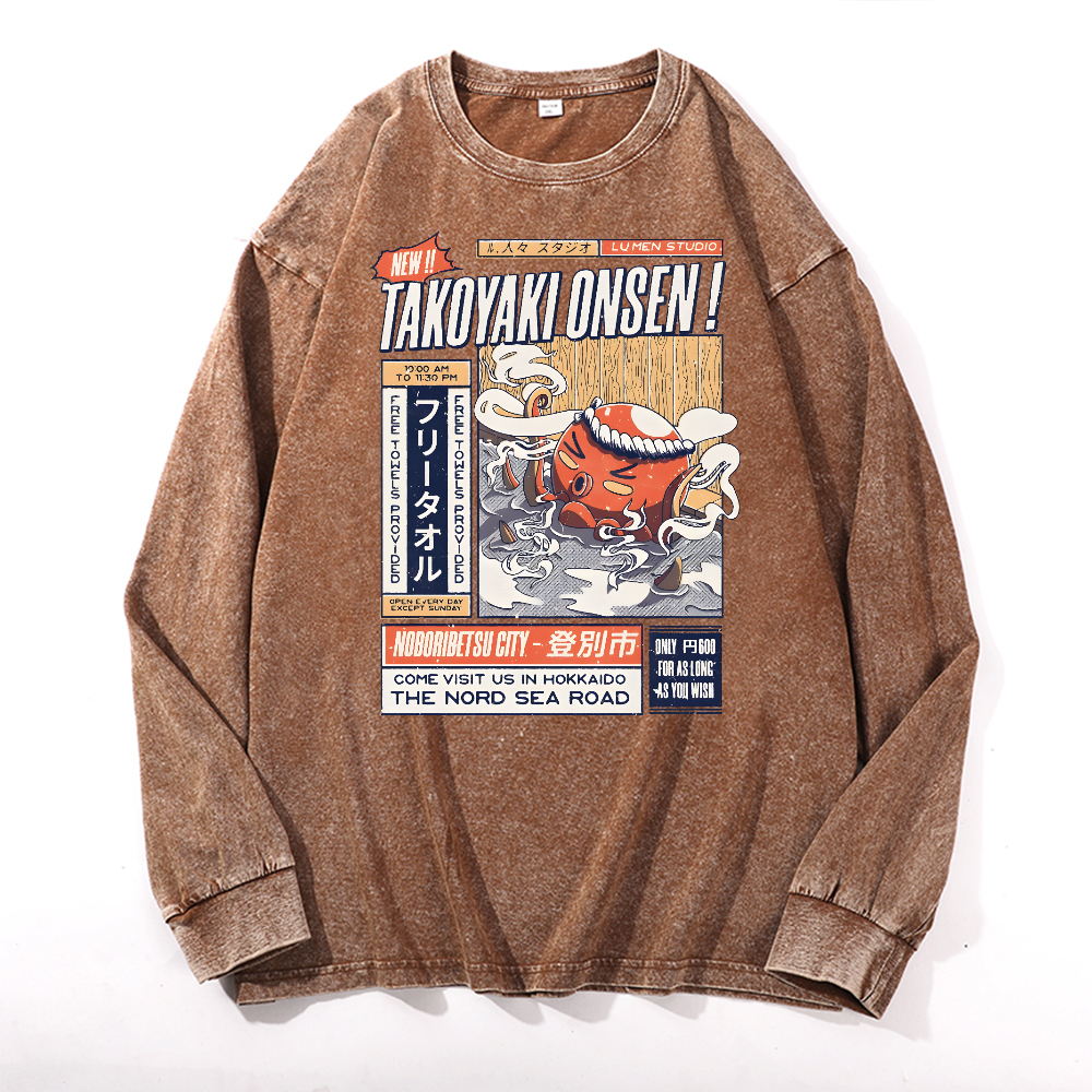Takoyaki Octopus Vintage Cotton Wash Crewneck Long-Sleeve T-Shirt