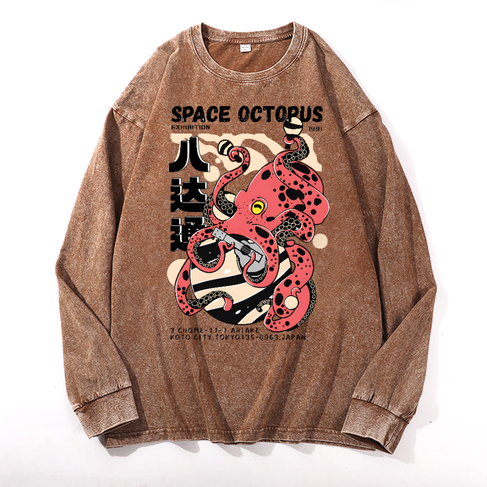 Space Octopus Vintage Cotton Wash Crewneck Long-Sleeve T-Shirt