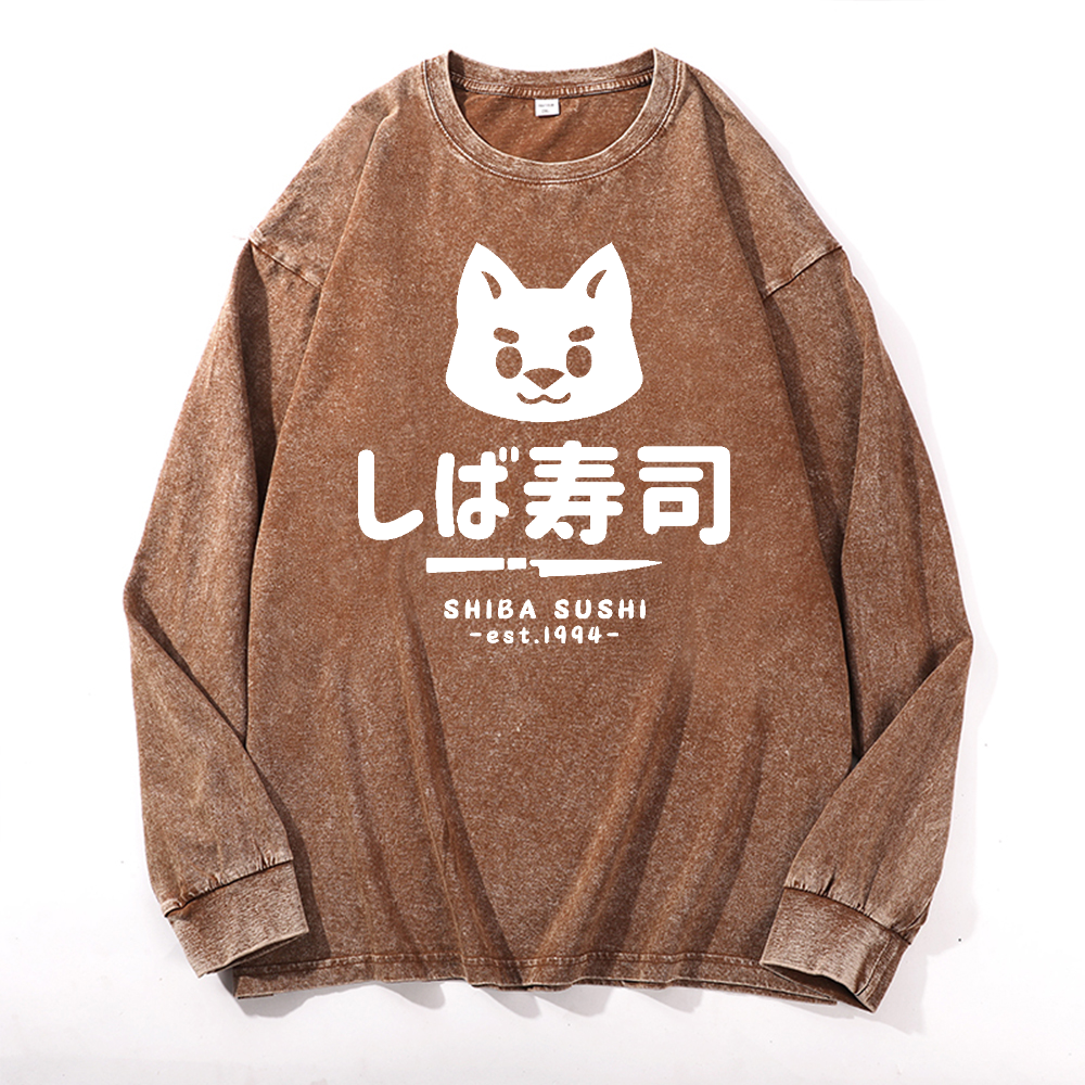 Shiba Sushi Vintage Cotton Wash Crewneck Long-Sleeve T-Shirt