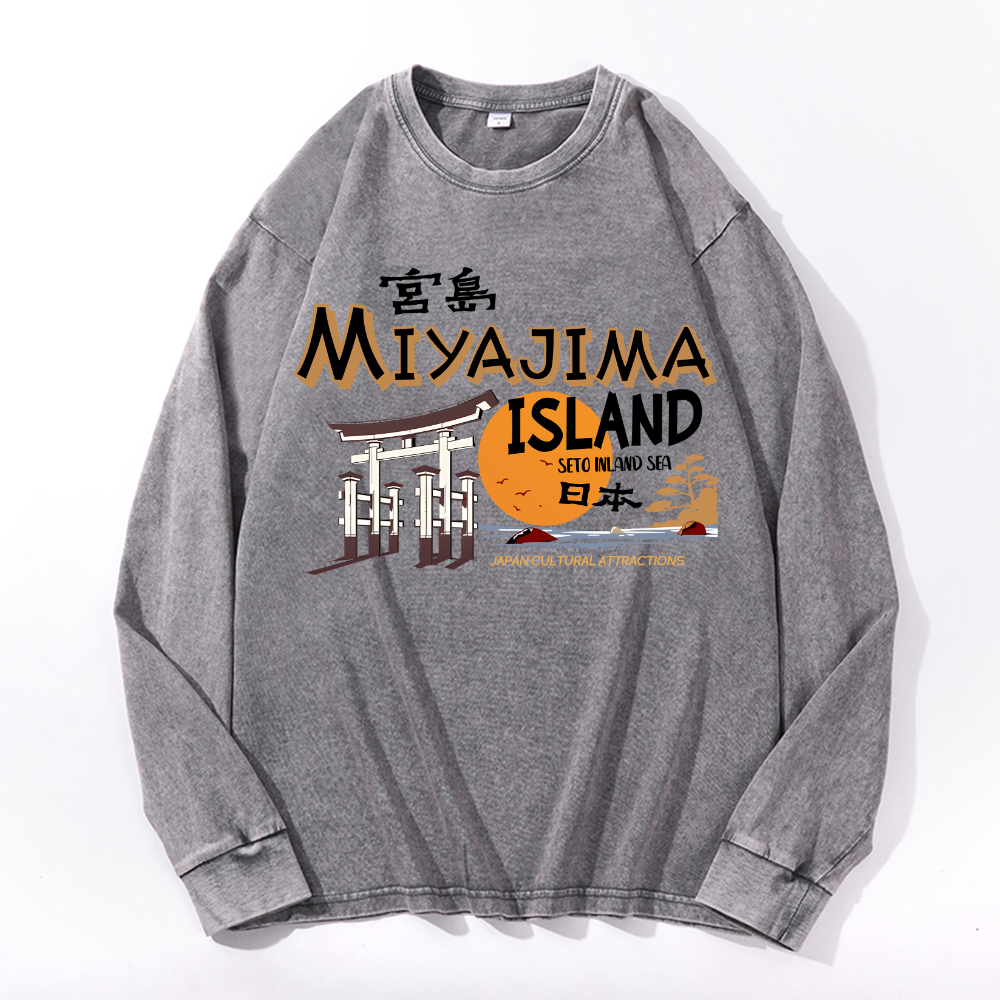 Hiroshima Miyajima Island Vintage Cotton Wash Crewneck Long-Sleeve T-Shirt