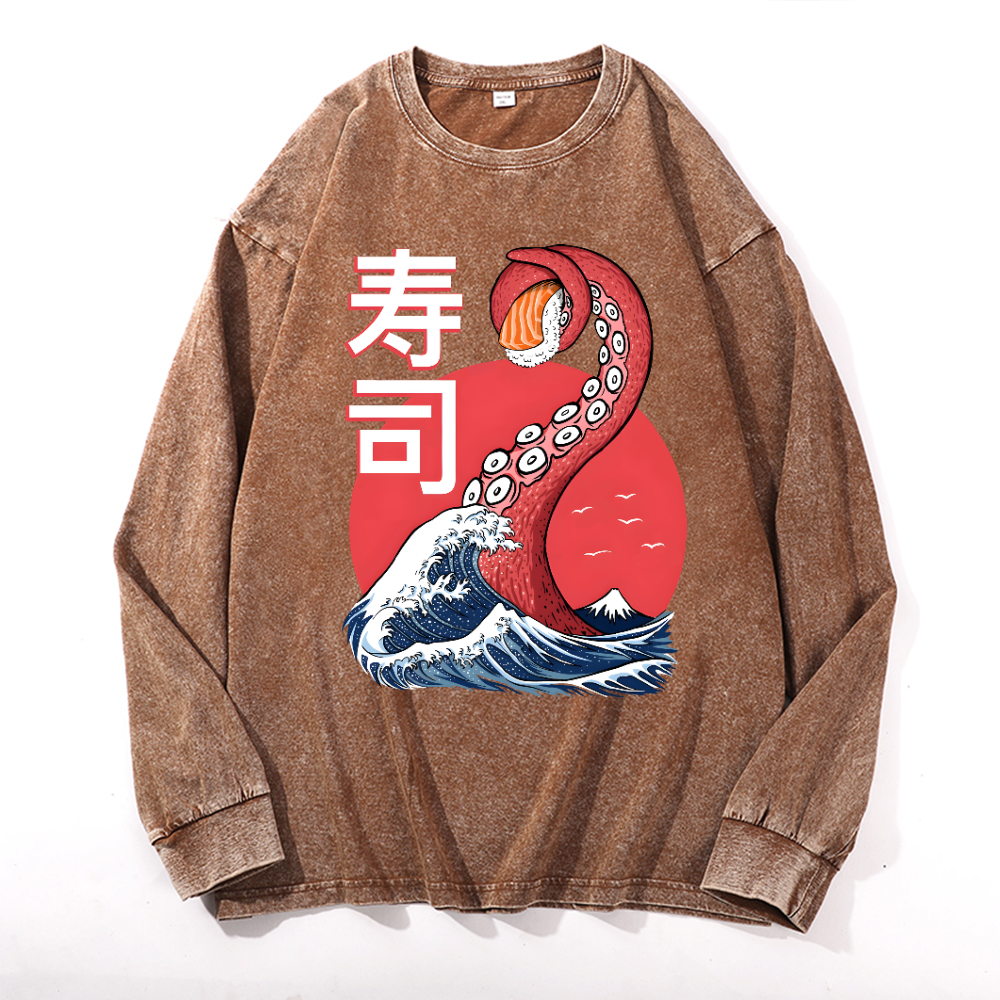 Sushi Octopus Vintage Cotton Wash Crewneck Long-Sleeve T-Shirt