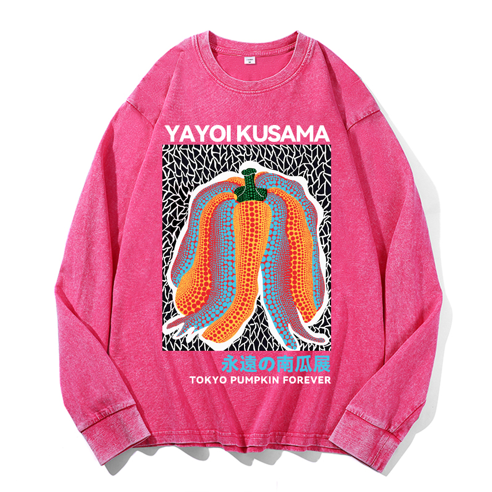 Yayoi Kusama Pumpkin Vintage Cotton Wash Crewneck Long-Sleeve T-Shirt