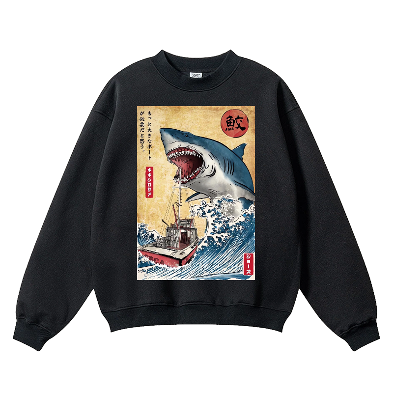 Shark Ukiyoe Vintage Cotton Blend Crewneck Sweatshirt